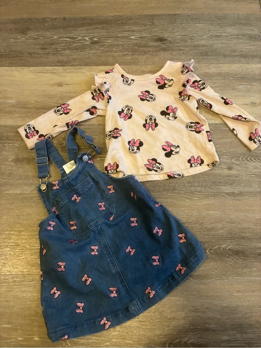 Disney Pink Minnie Mouse Long-Sleeve Top with Navy Bow Overall Dress